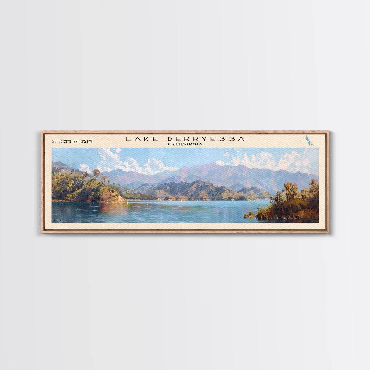 Lake Berryessa California Framed Canvas Print, Panoramic Lake House Decor, Wall Art, Travel Poster, Serene Lake Painting, Home Decor