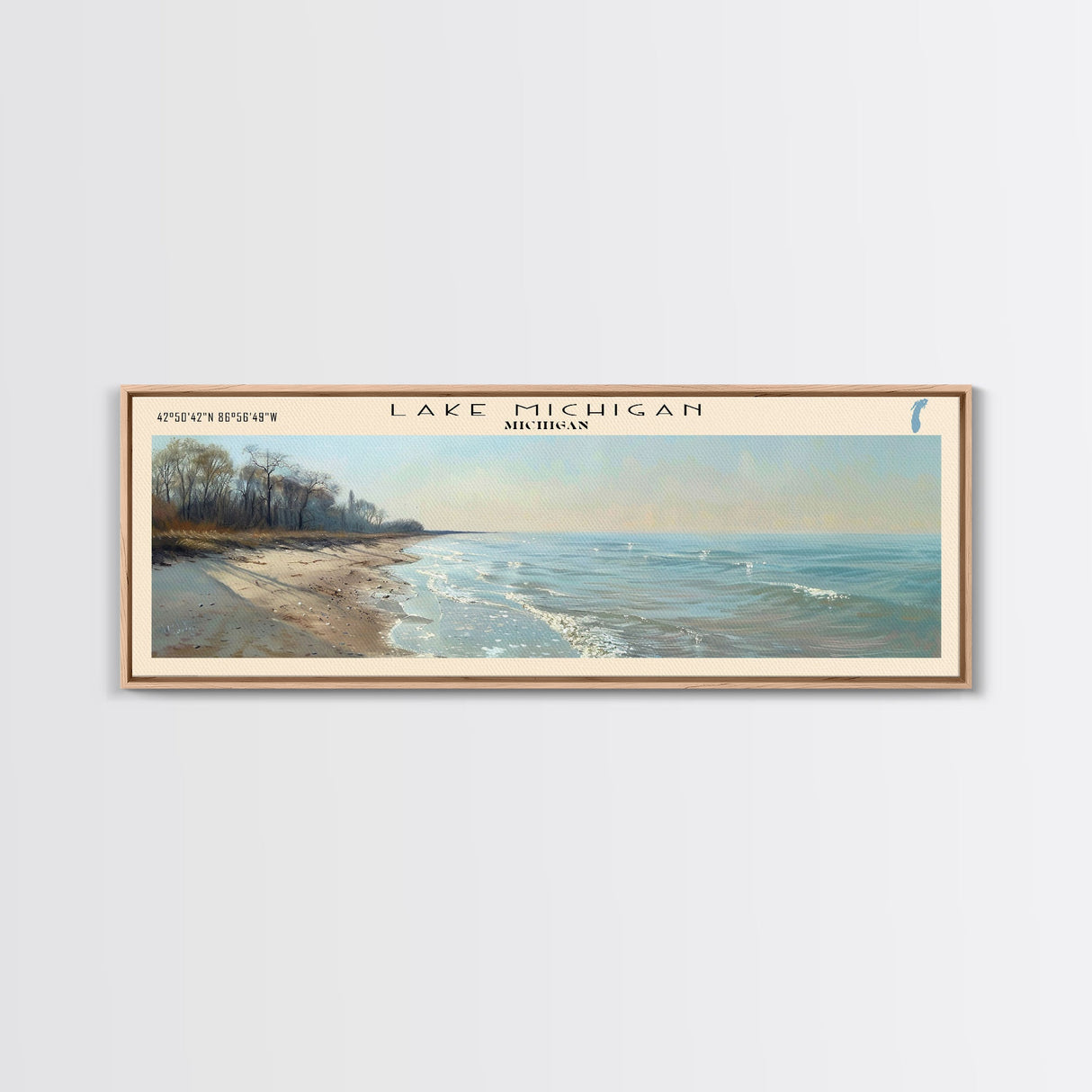 Lake Michigan Framed Canvas Print, Lake House Decor, Panoramic Wall Art, Travel Poster, Beautiful Landscape Painting, Bedroom Decor