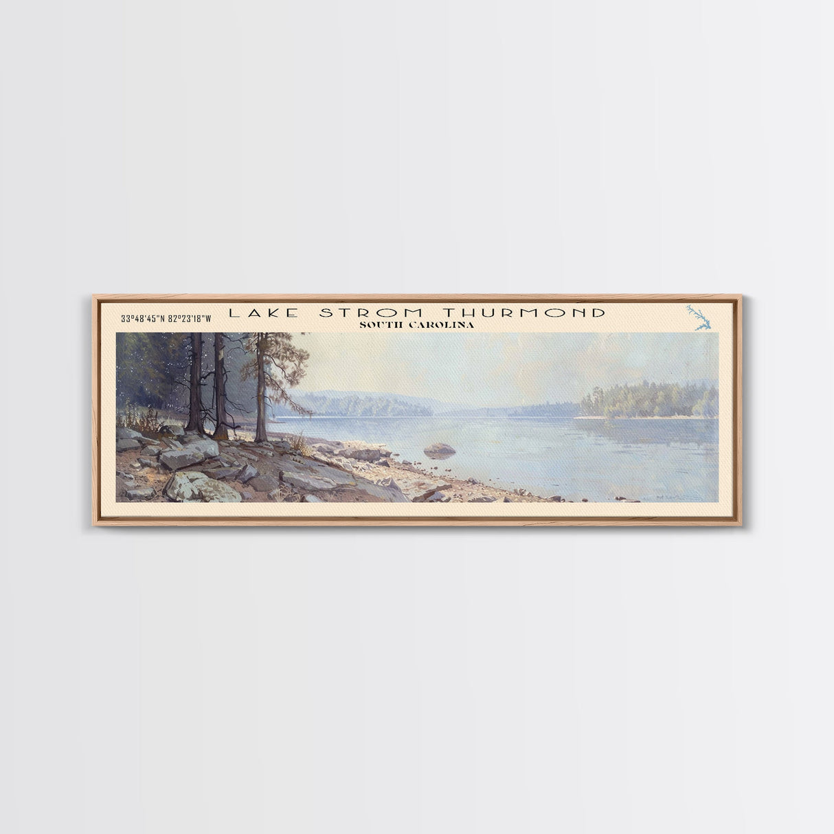 Lake Strom Thurmond South Carolina Framed Canvas Print, Lake House Decor, Panoramic Wall Art, Travel Poster, Serene Landscape Painting, Bedroom Decor