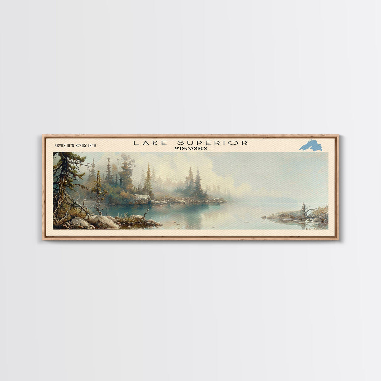 Lake Superior Framed Canvas Print, Lake House Decor, Panoramic Wall Art, Travel Poster, Beautiful Landscape Painting, Modern Art
