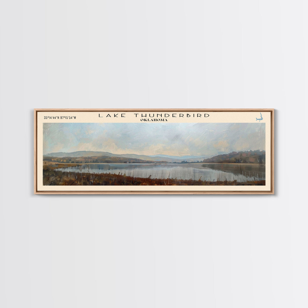 Lake Thunderbird Oklahoma Framed Canvas Print, Lake House Decor, Panoramic Wall Art, Travel Poster, Scenic Landscape Painting, Bedroom Decor