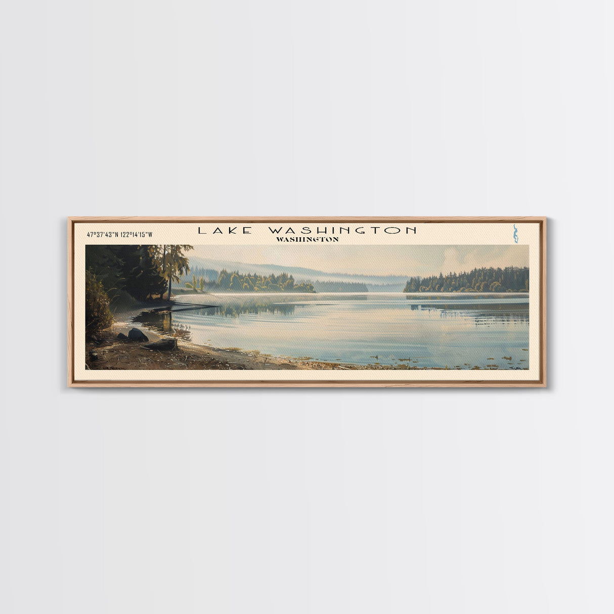 Lake Washington Framed Canvas Print, Lake House Decor, Panoramic Wall Art, Travel Poster, Scenic Landscape Painting, Bedroom Decor