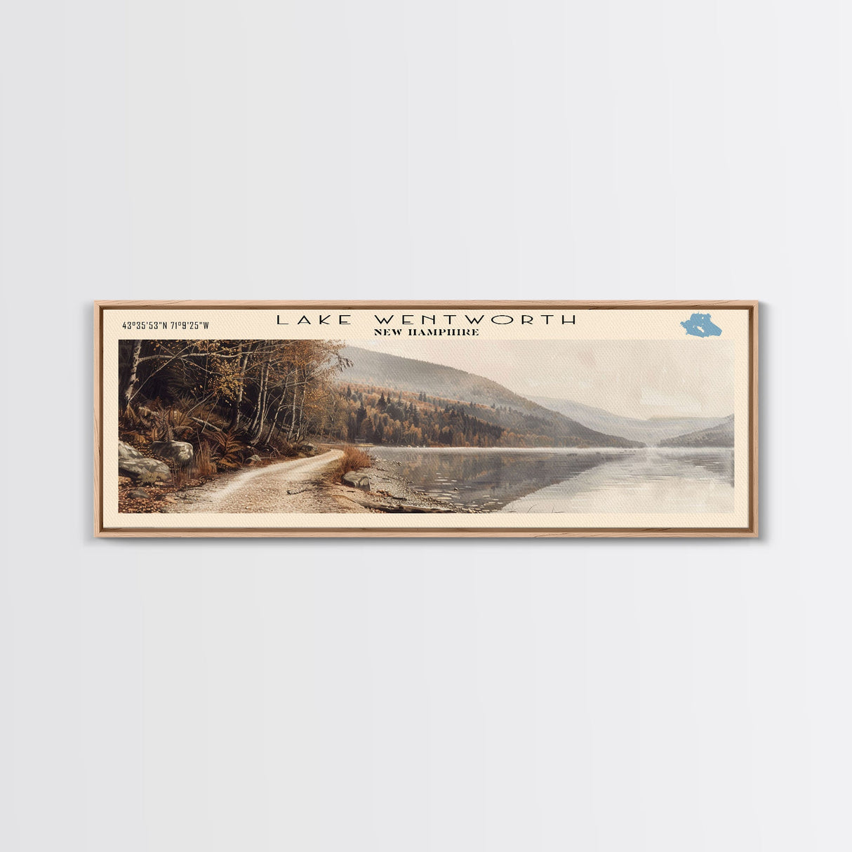 Lake Wentworth New Hampshire Framed Canvas Print, Lake House Decor, Panoramic Wall Art, Travel Poster, Scenic Landscape Painting, Rustic Art