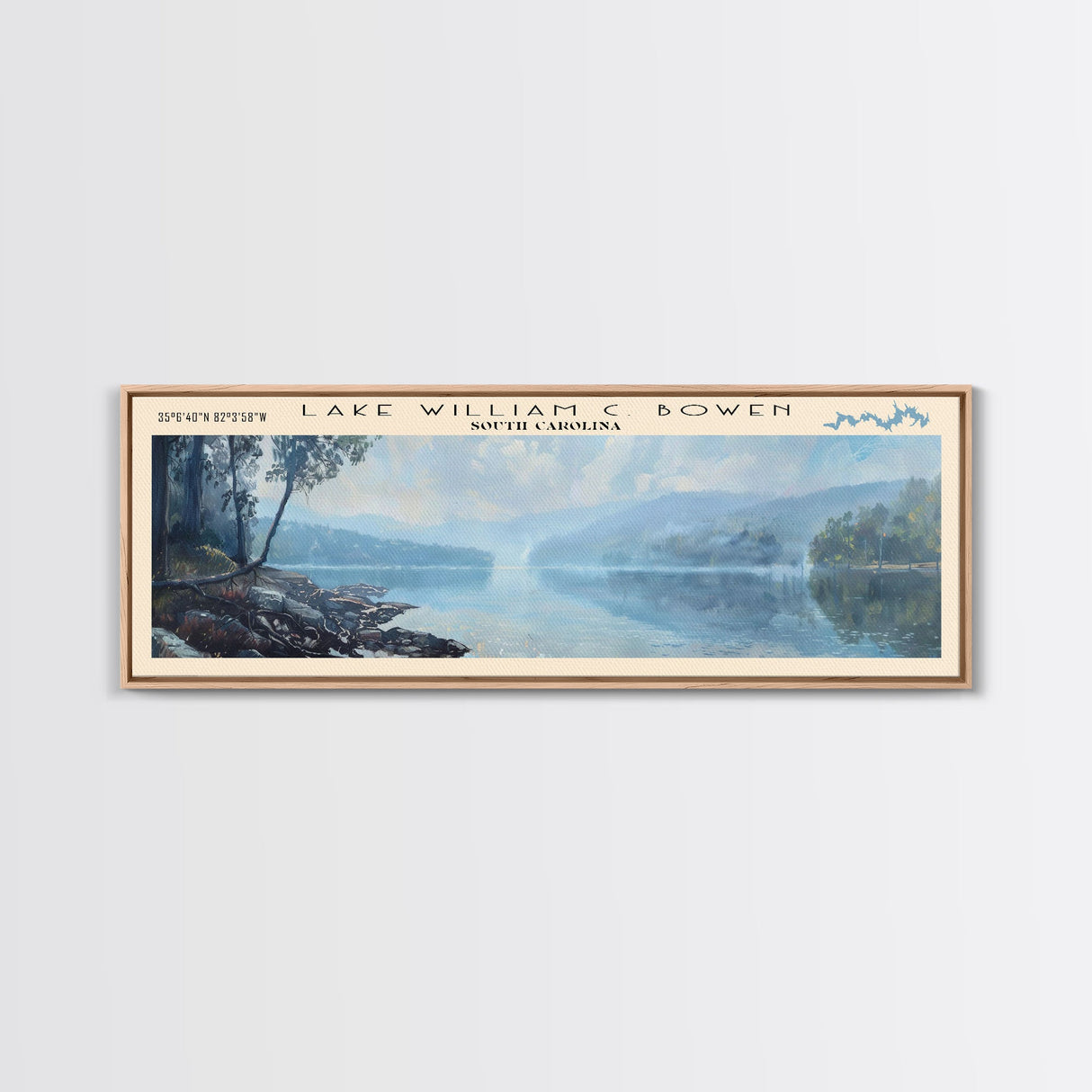 Lake William C Bowen South Carolina Framed Canvas Print, Lake House Decor, Panoramic Wall Art, Travel Poster, Landscape Painting, Bedroom Decor