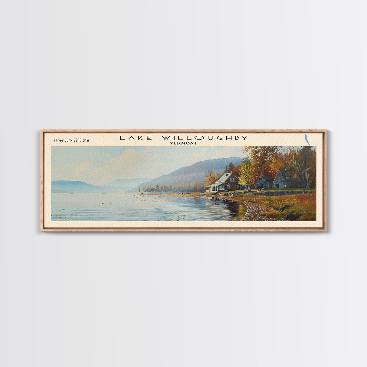 Lake Willoughby Vermont Framed Canvas Print, Lake House Decor, Panoramic Wall Art, Travel Poster, Scenic Landscape Painting, Living Room Decor
