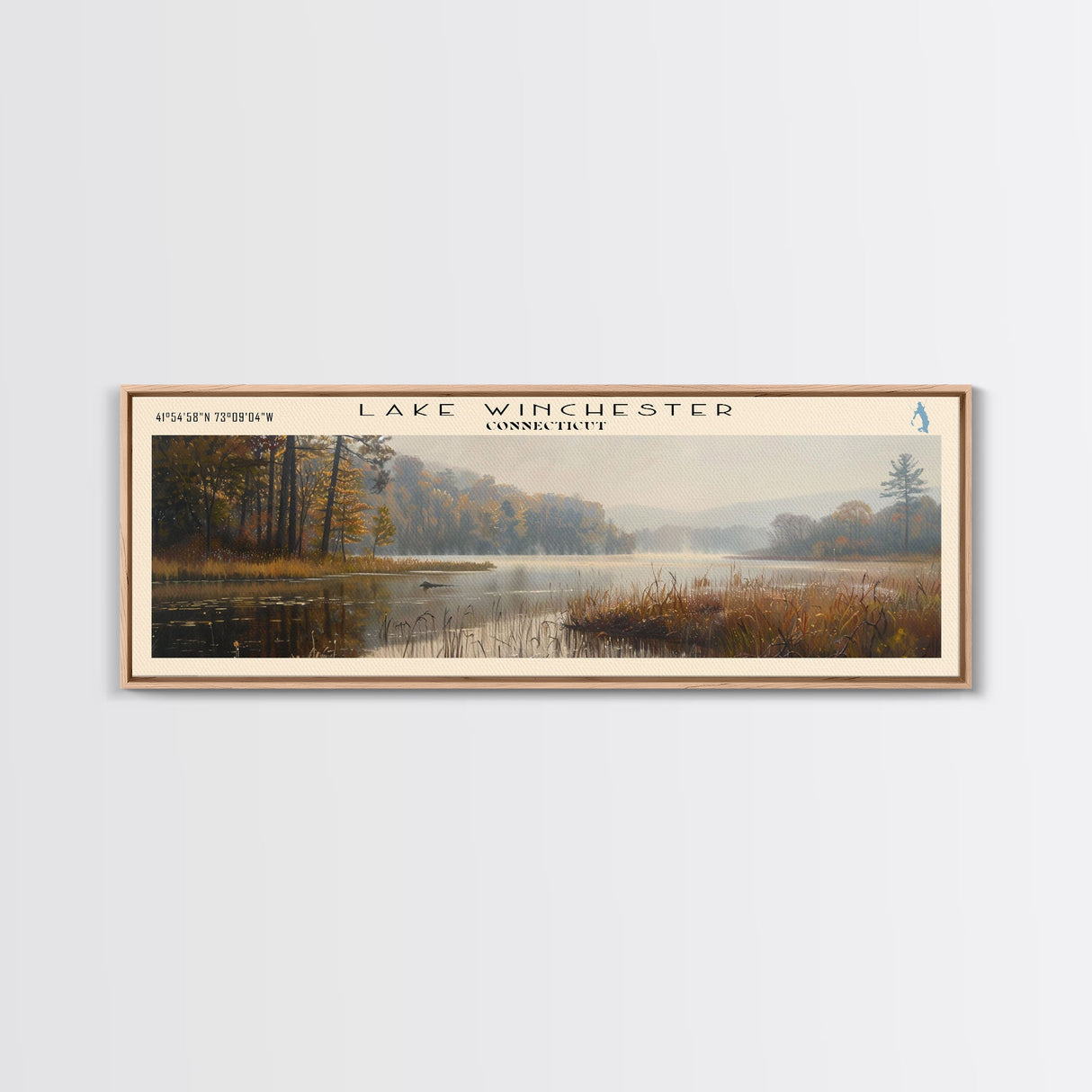 Lake Winchester Connecticut Framed Canvas Print, Lake House Decor, Panoramic Wall Art, Travel Poster, Landscape Painting, Contemporary Art