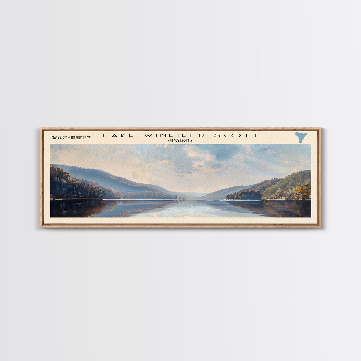 Lake Winfield Scott Georgia Framed Canvas Print, Lake House Decor, Panoramic Wall Art, Travel Poster, Scenic Landscape Painting, Rustic Art
