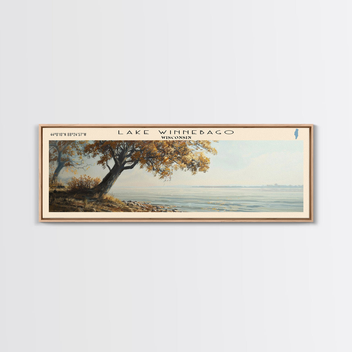 Lake Winnebago Framed Canvas Print, Lake House Decor, Panoramic Wall Art, Travel Poster, Beautiful Landscape Painting, Living Room Decor