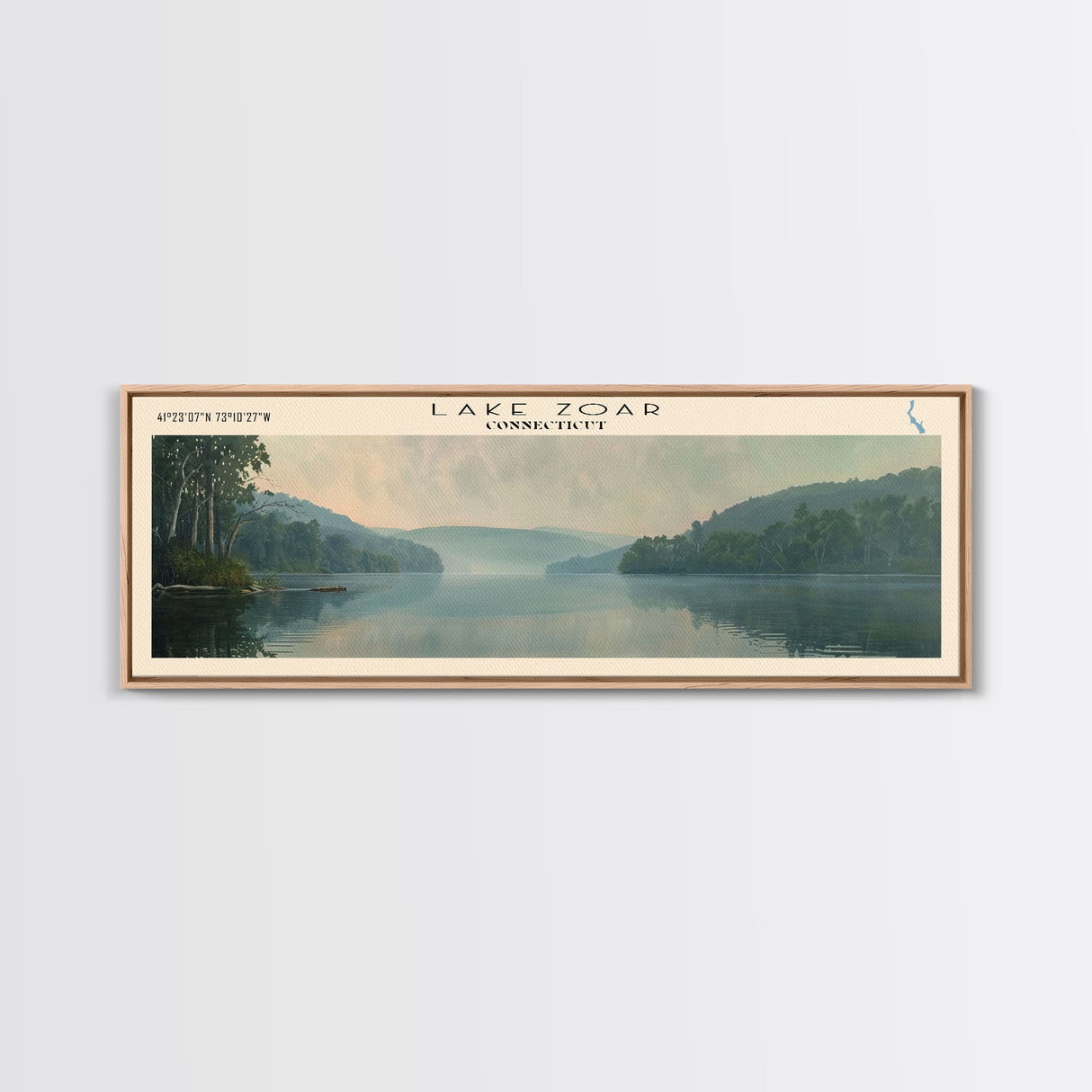 Lake Zoar Connecticut Framed Canvas Print, Lake House Decor, Panoramic Wall Art, Travel Poster, Landscape Painting, Living Room Decor