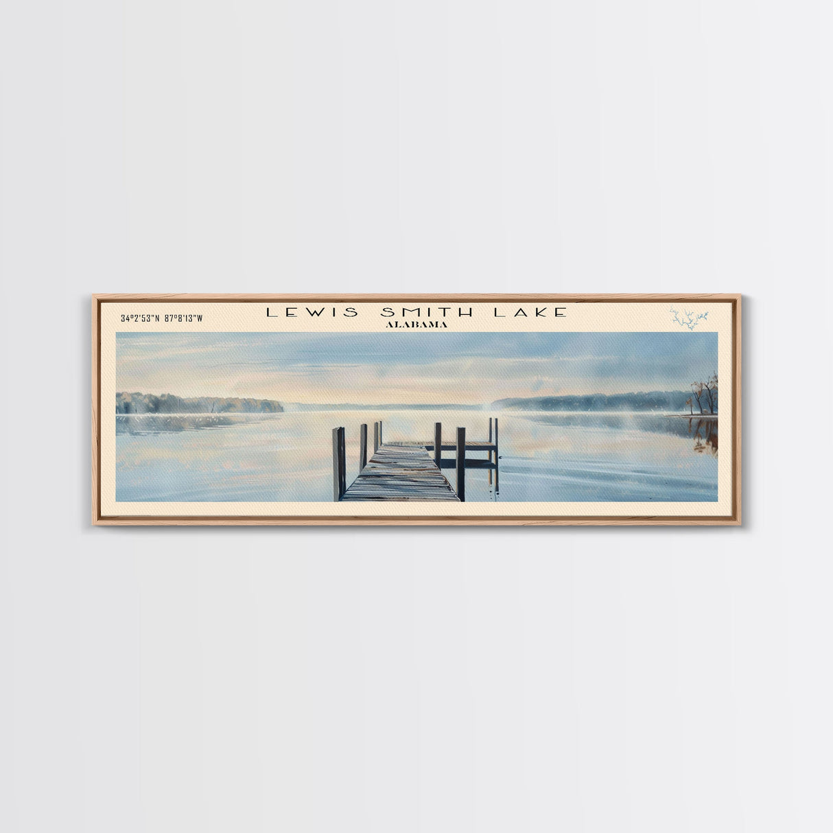 Lewis Smith Lake Alabama Framed Canvas Print, Lake House Decor, Panoramic Wall Art, Travel Poster, Landscape Painting, Modern Art