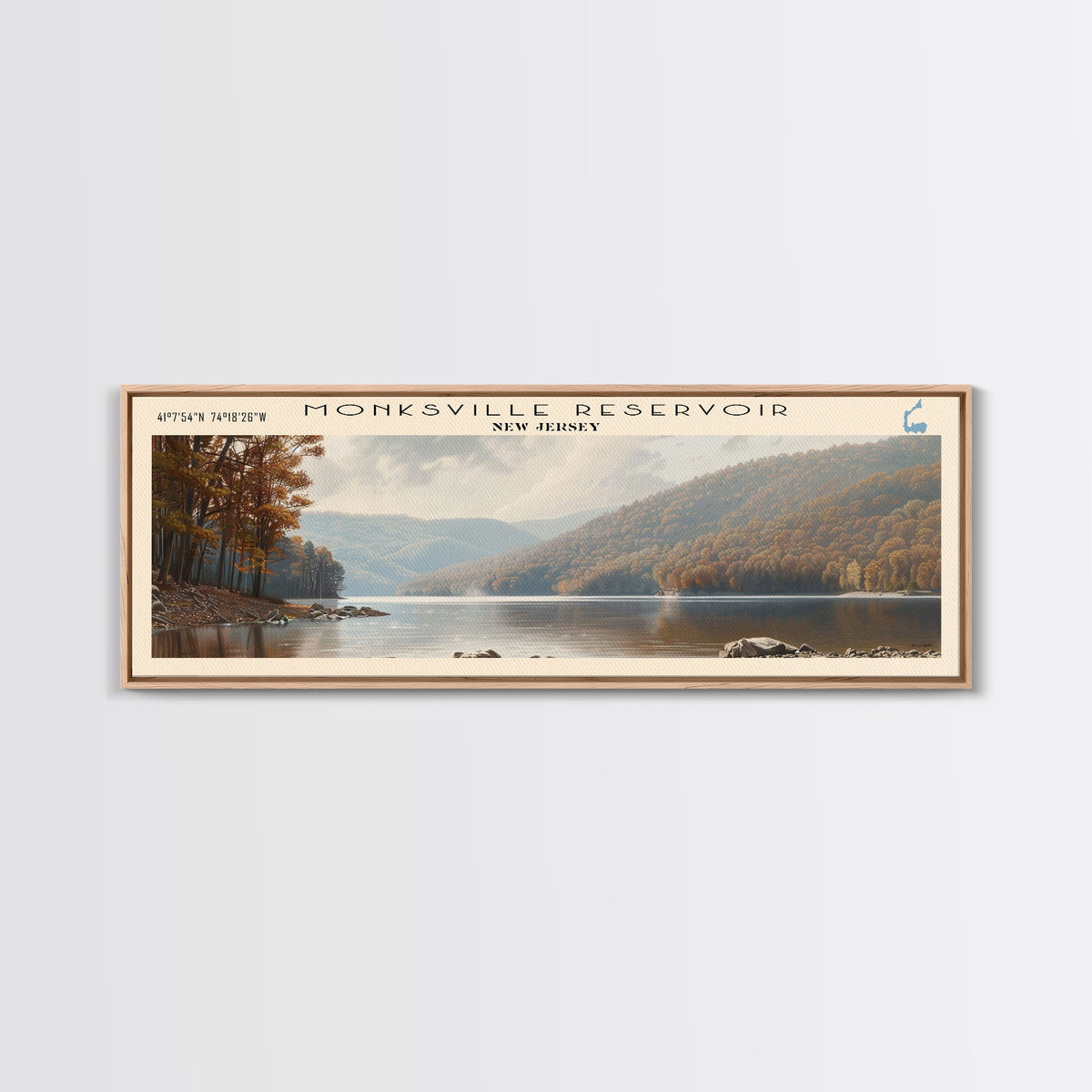 Newark Reservoir Delaware Framed Canvas Print, Lake House Decor, Panoramic Wall Art, Travel Poster, Landscape Painting, Modern Art