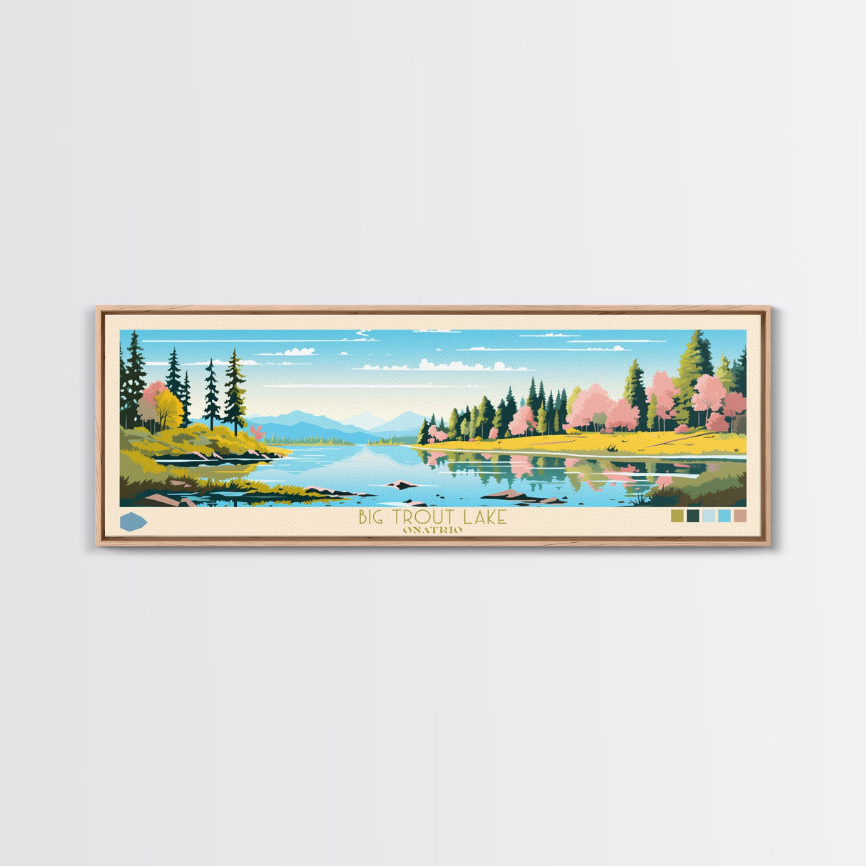 Big Trout Lake Ontario Framed Canvas Print, Panoramic Travel Poster, Midcentury Modern Wall Art, Pop Art, Nature Living Room Art, Lake House Decor