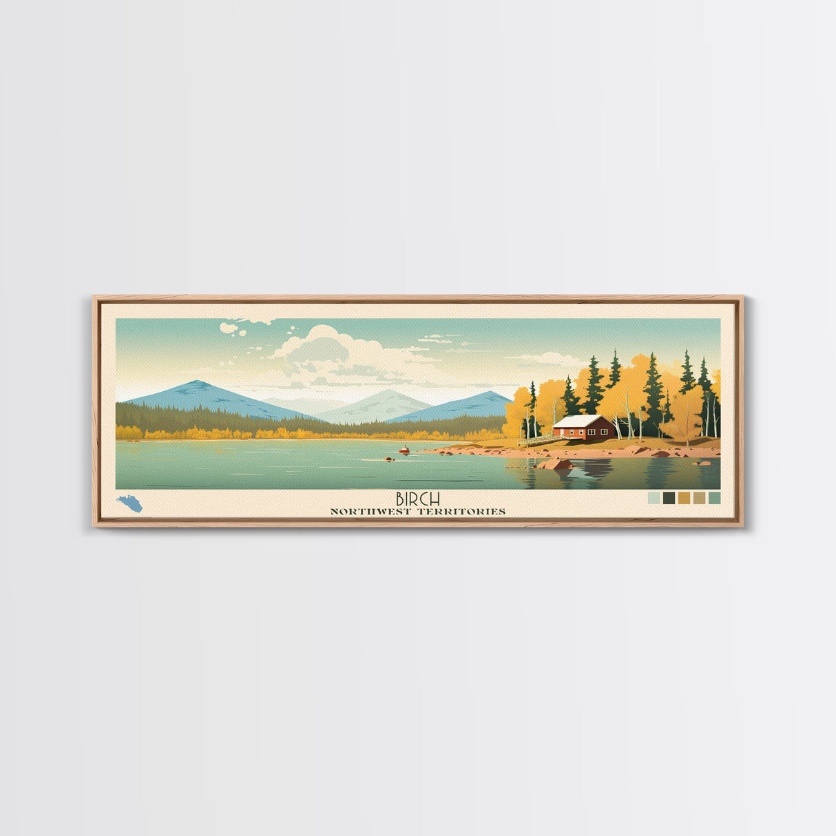 Birch Northwest Territories Framed Canvas Print, Panoramic Wall Art, Midcentury Modern, Pop Art, Travel Poster, Scenic Living Room Decor, Lake House Art