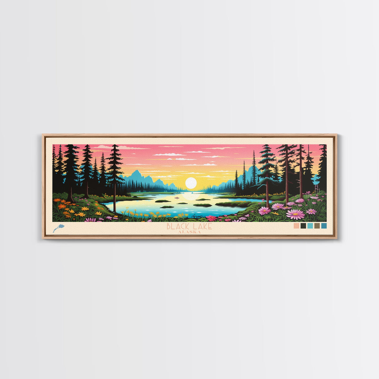 Black Lake Southwest Alaska Framed Canvas Print, Panoramic Travel Poster, Midcentury Modern Wall Art, Pop Art, Nature Bedroom Decor, Scenic Lake House Art