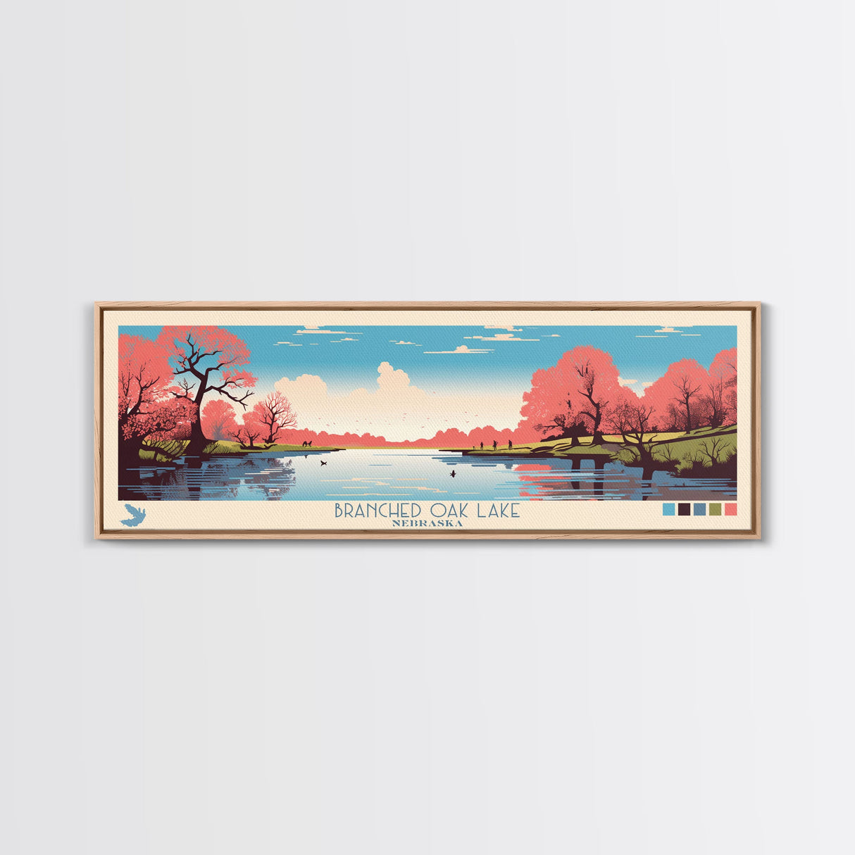 Branched Oak Lake Nebraska Framed Canvas Print, Pop Art Panoramic Travel Poster, Bedroom Decor, Midcentury Modern, Wall Art, Scenic Lake House