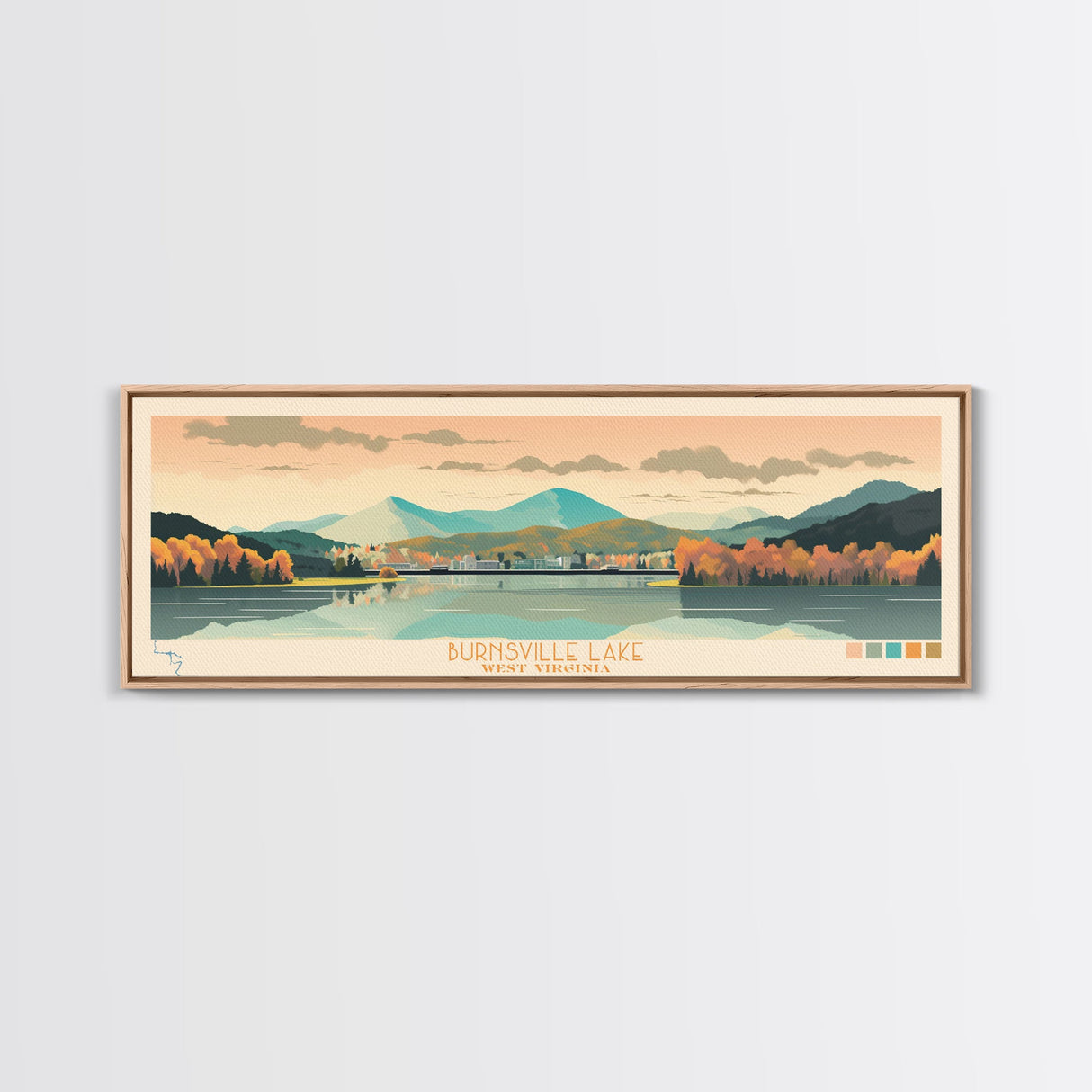 Burnsville Lake West Virginia Framed Canvas Print, Midcentury Modern Panoramic Wall Art, Living Room Decor, Pop Art, Travel Poster Art, Scenic Nature Painting