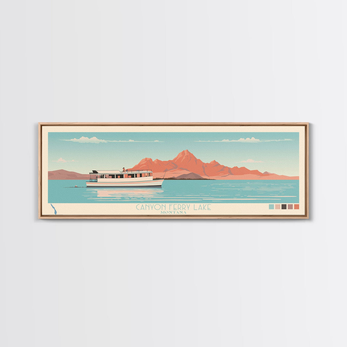 Canyon Ferry Lake Montana Framed Canvas Print, Pop Art Panoramic Travel Poster, Bedroom Decor, Midcentury Modern, Wall Art, Scenic Lake House, Nature Art