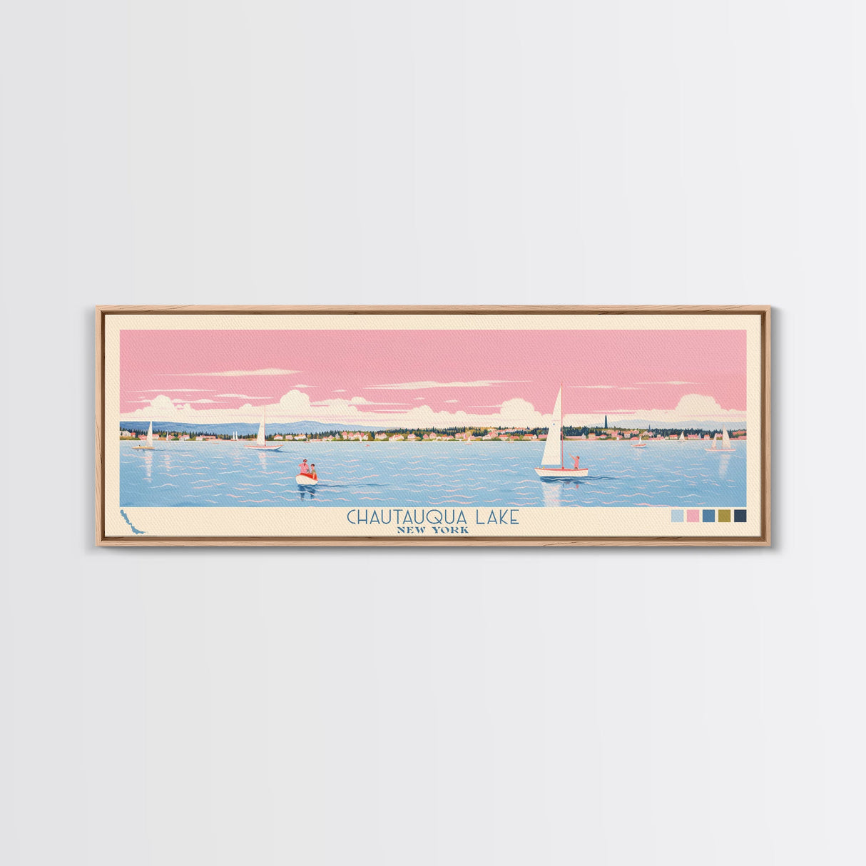 Chautauqua Lake New York Framed Canvas Print, Pop Art Panoramic Travel Poster, Midcentury Modern, Wall Art, Scenic Nature Painting, Bedroom Decor, Living Room Art