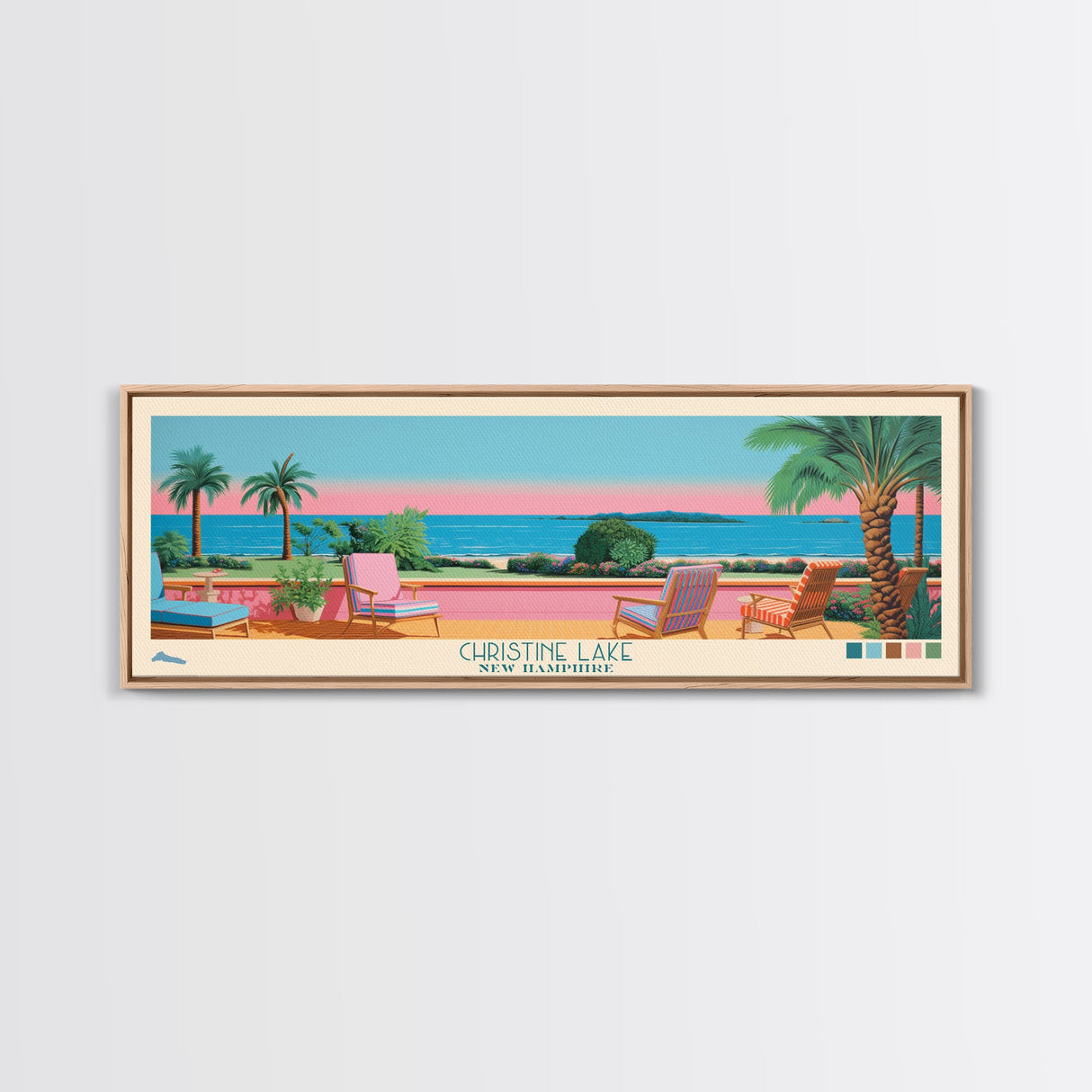 Christine Lake New Hamphire Framed Canvas Print, Pop Art Panoramic Travel Poster, Midcentury Modern, Wall Art, Scenic Nature Painting, Bedroom Decor, Living Room Art
