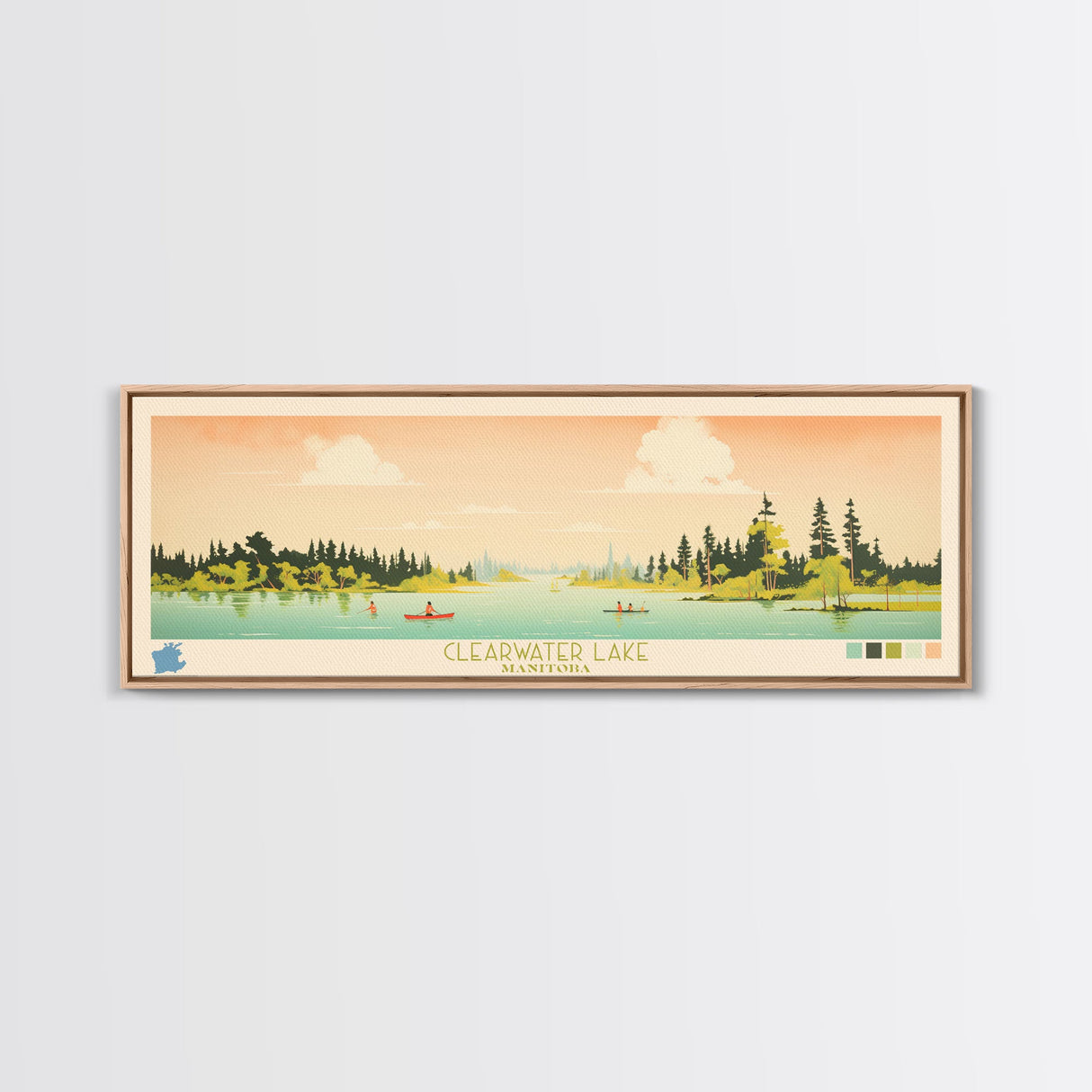 Clearwater Lake Manitoba Framed Canvas Print, Midcentury Modern Panoramic Wall Art, Living Room Decor, Pop Art, Travel Poster Art, Scenic Nature Painting, Lake House Decor