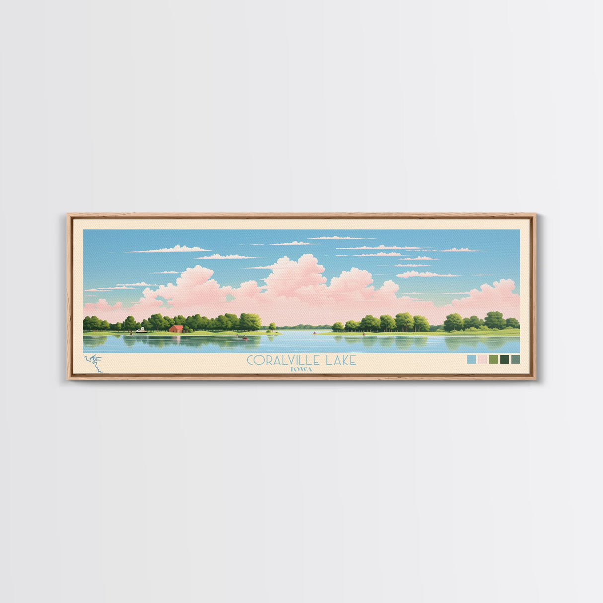 Coralville Lake Iowa Framed Canvas Print, Midcentury Modern Panoramic Wall Art, Living Room Decor, Pop Art, Travel Poster Art, Scenic Nature Painting, Lake House Decor