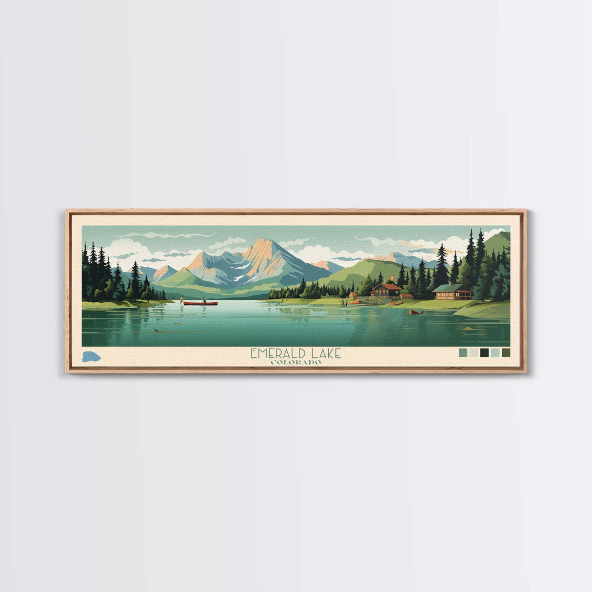 Emerald Lake Colorado Framed Canvas Print, Panoramic Art, Midcentury Modern, Pop Art, Living Room Wall Art, Travel Poster, Lake Art