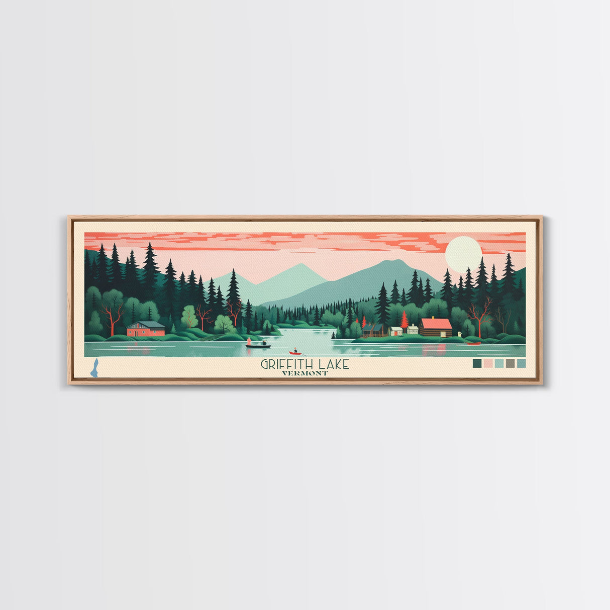 Griffith Lake Vermont2 Framed Canvas Print, Panoramic Art, Midcentury Modern, Pop Art, Bedroom Decor, Travel Poster, Artistic Decor, Home Decor