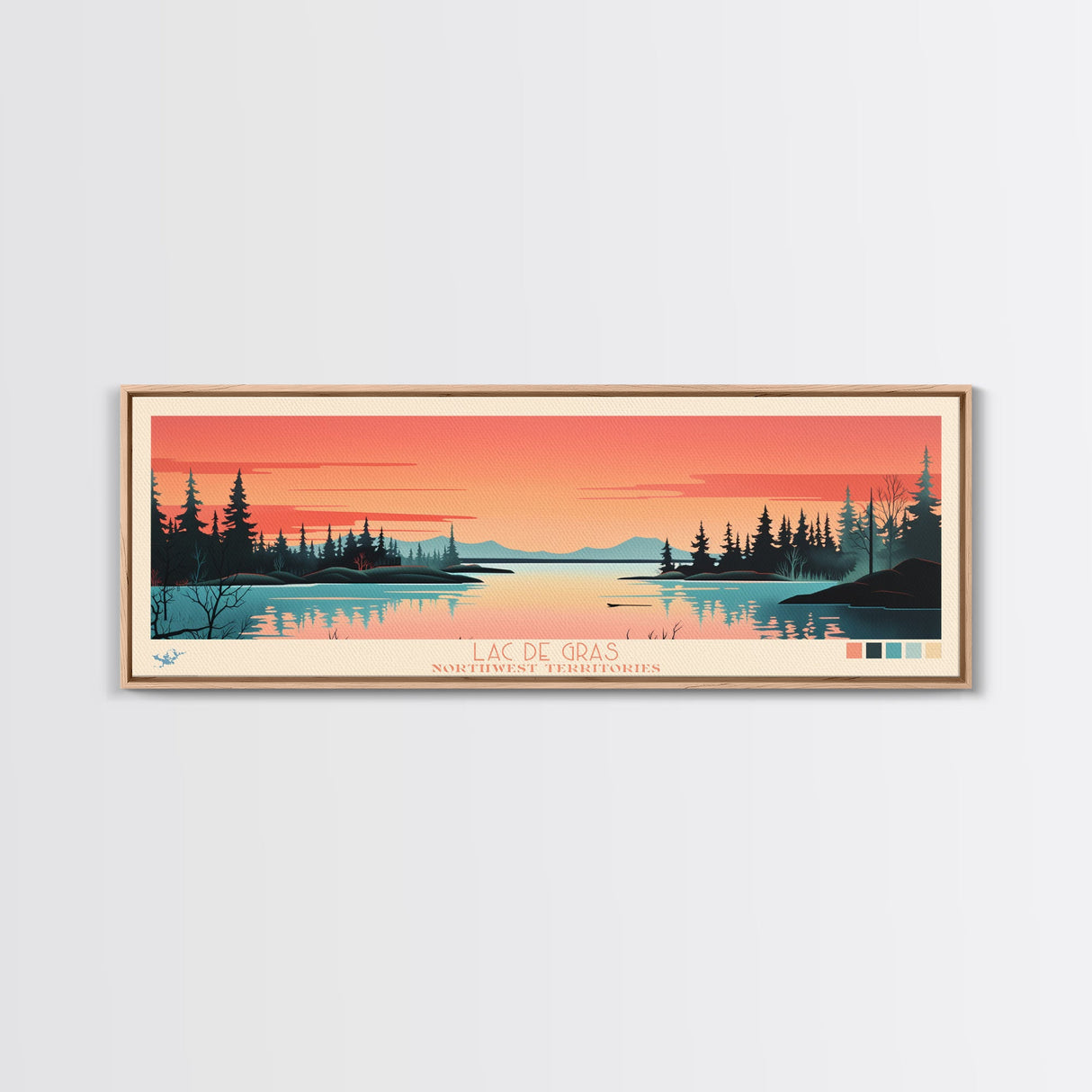Lac De Gras Northwest Framed Canvas Print, Panoramic Wall Art, Midcentury Modern, Pop Art, Bedroom Decor, Travel Poster, Living Room Art