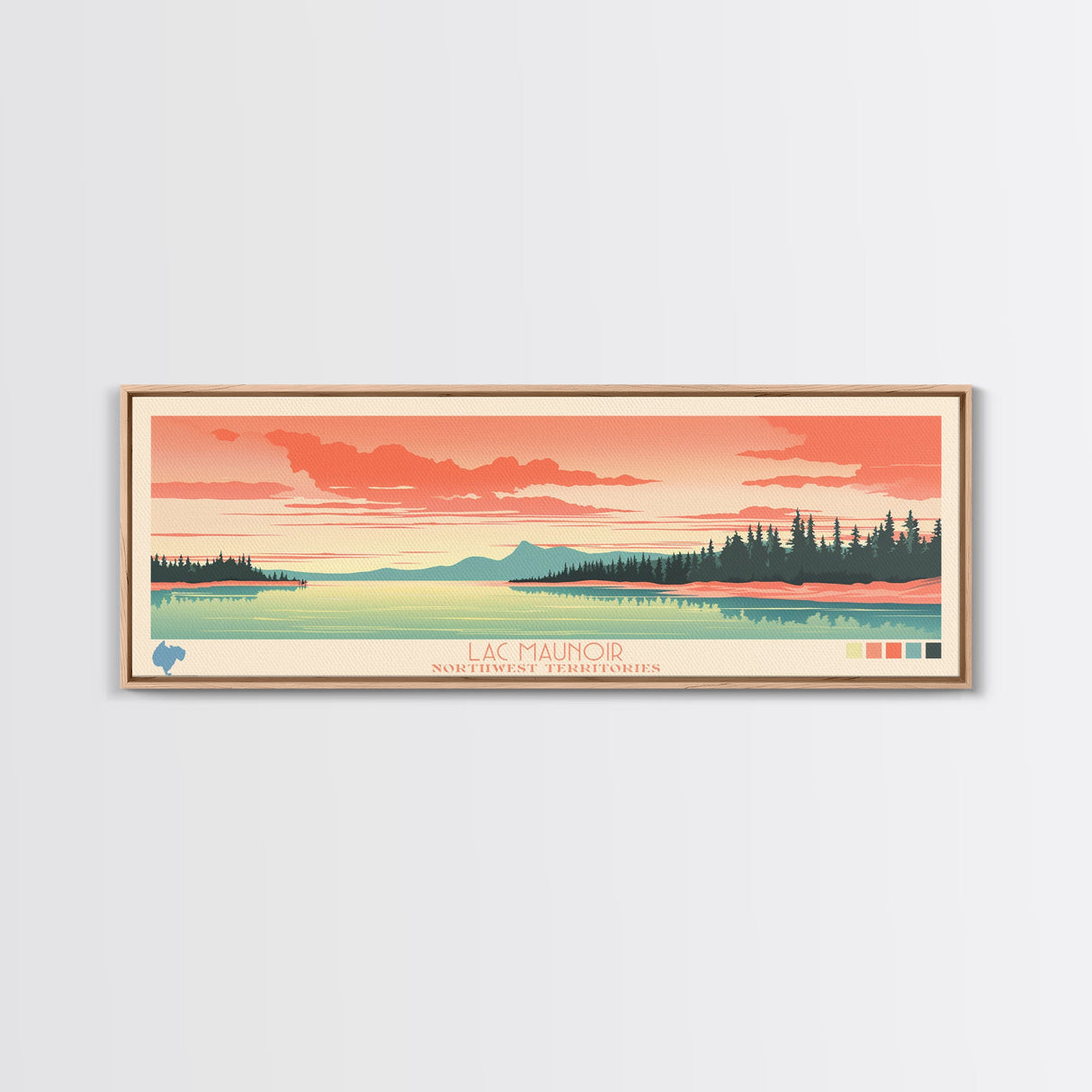 Lac Maunoir Northwest Territories Framed Canvas Print, Panoramic Art, Midcentury Modern, Pop Art, Living Room Wall Art, Travel Poster, Lake House Decor