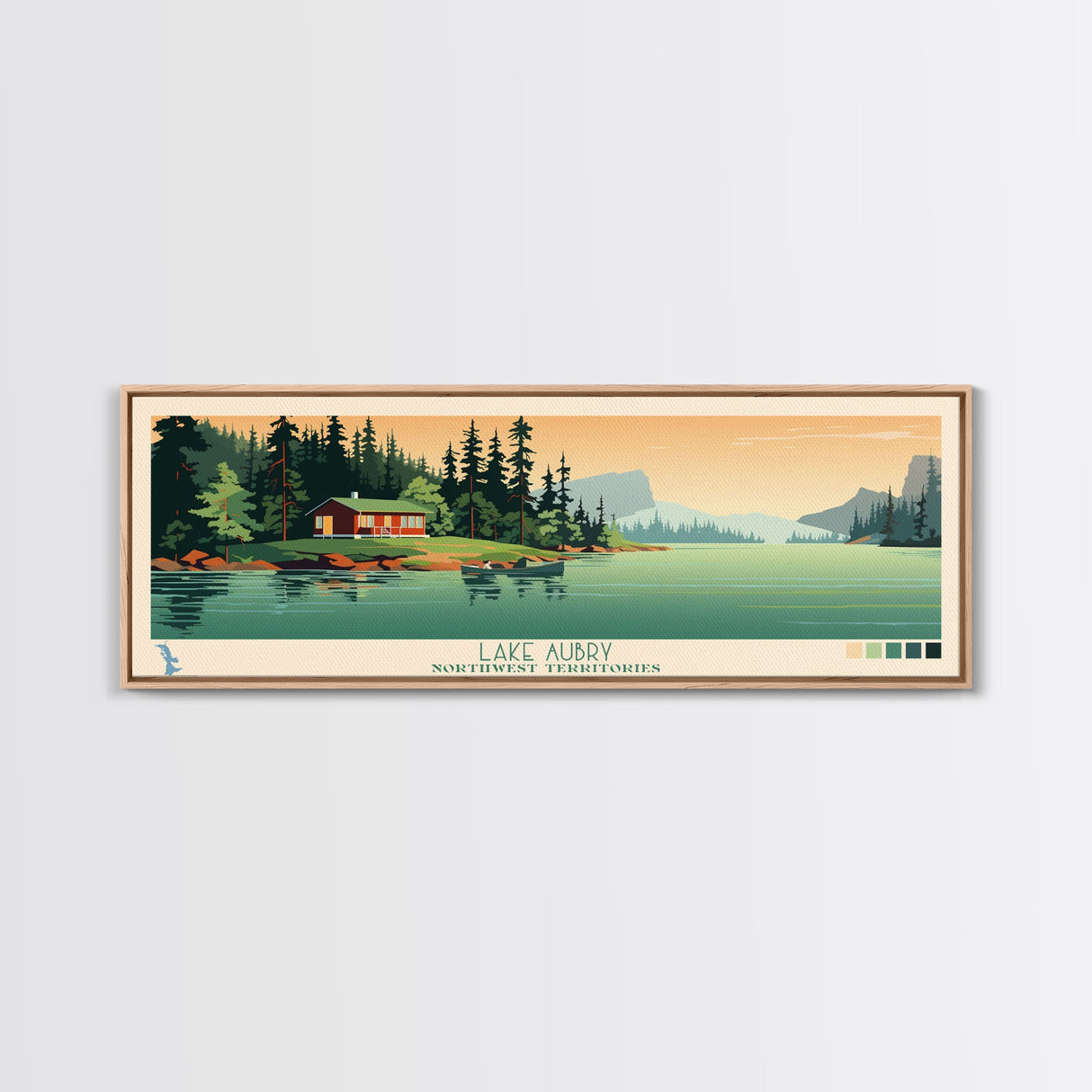 Lake Aubry Northwest Territories Framed Canvas Print, Panoramic Art, Midcentury Modern, Pop Art, Living Room Wall Art, Travel Poster, Lake House Decor