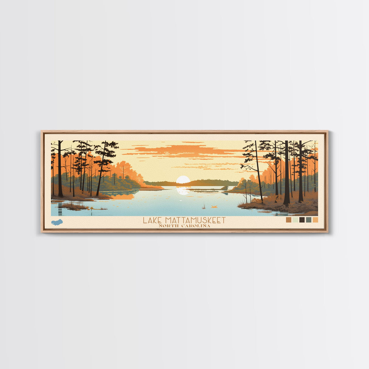 Lake Mattamuskeet North Carolina Framed Canvas Print, Panoramic Wall Art, Midcentury Modern, Pop Art, Bedroom Art, Travel Poster, Lake House Decor