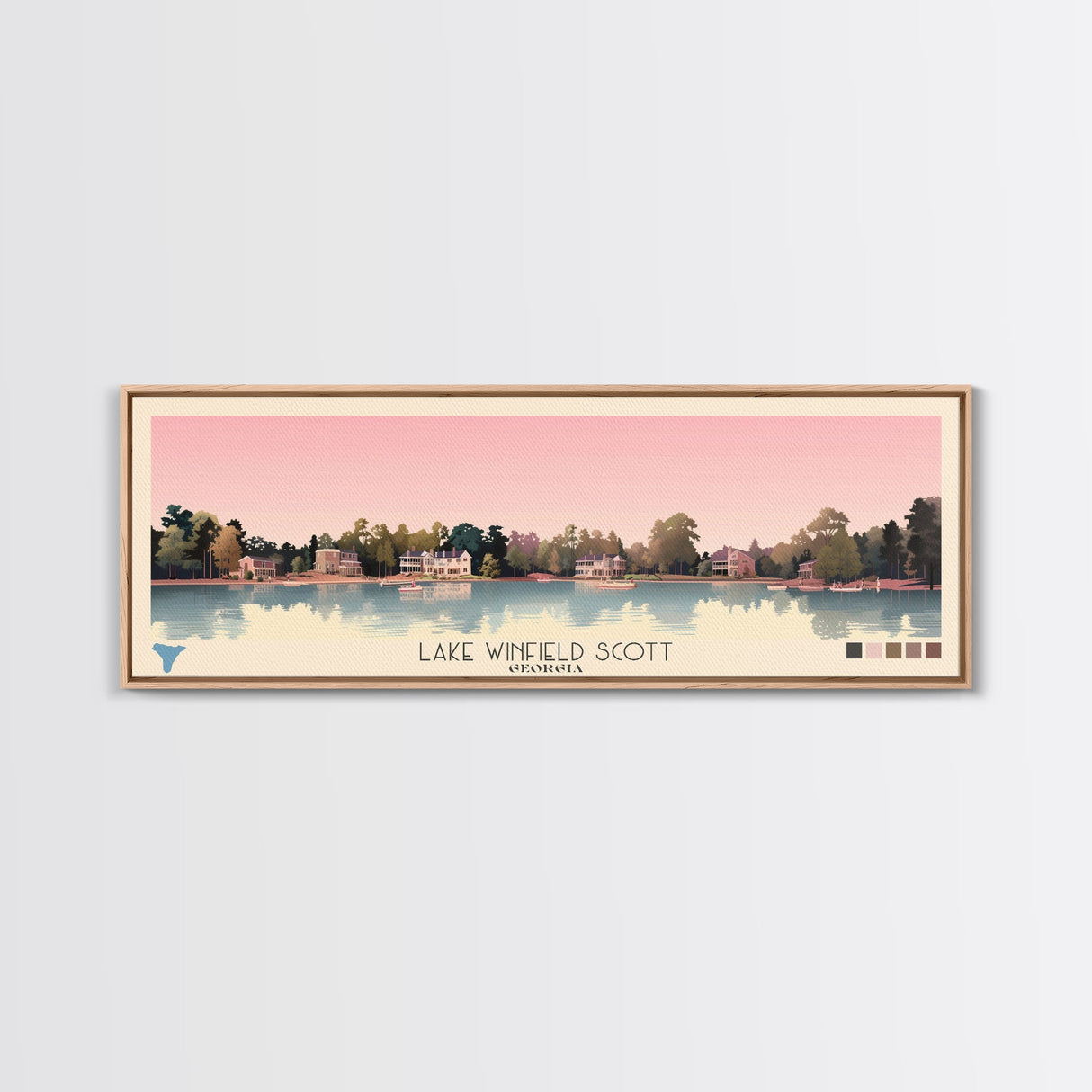Lake Winfield Scott, Georgia Panoramic Wall Art Framed Canvas Print, Midcentury Modern, Pop Art, Home Decor, Travel Poster, Living Room Art