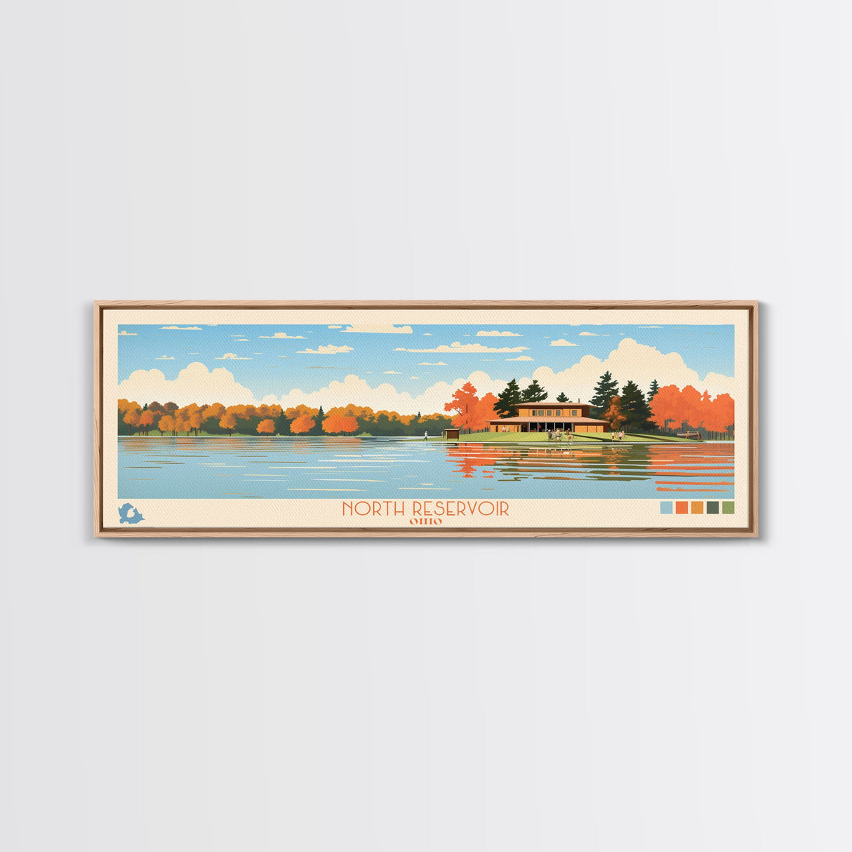 North Reservoir, Ohio Framed Canvas Print, Panoramic Wall Art, Midcentury Modern, Pop Art, Home Decor, Travel Poster, Living Room Art