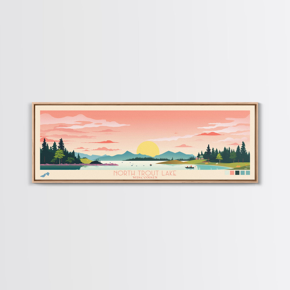 North South Lake, New York Framed Canvas Print, Panoramic Wall Art, Midcentury Modern, Pop Art, Home Decor, Travel Poster, Bedroom Art
