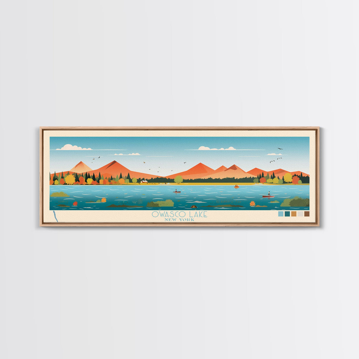 Owasco Lake, New York Framed Canvas Print, Panoramic Wall Art, Midcentury Modern, Pop Art, Home Decor, Travel Poster, Living Room Art