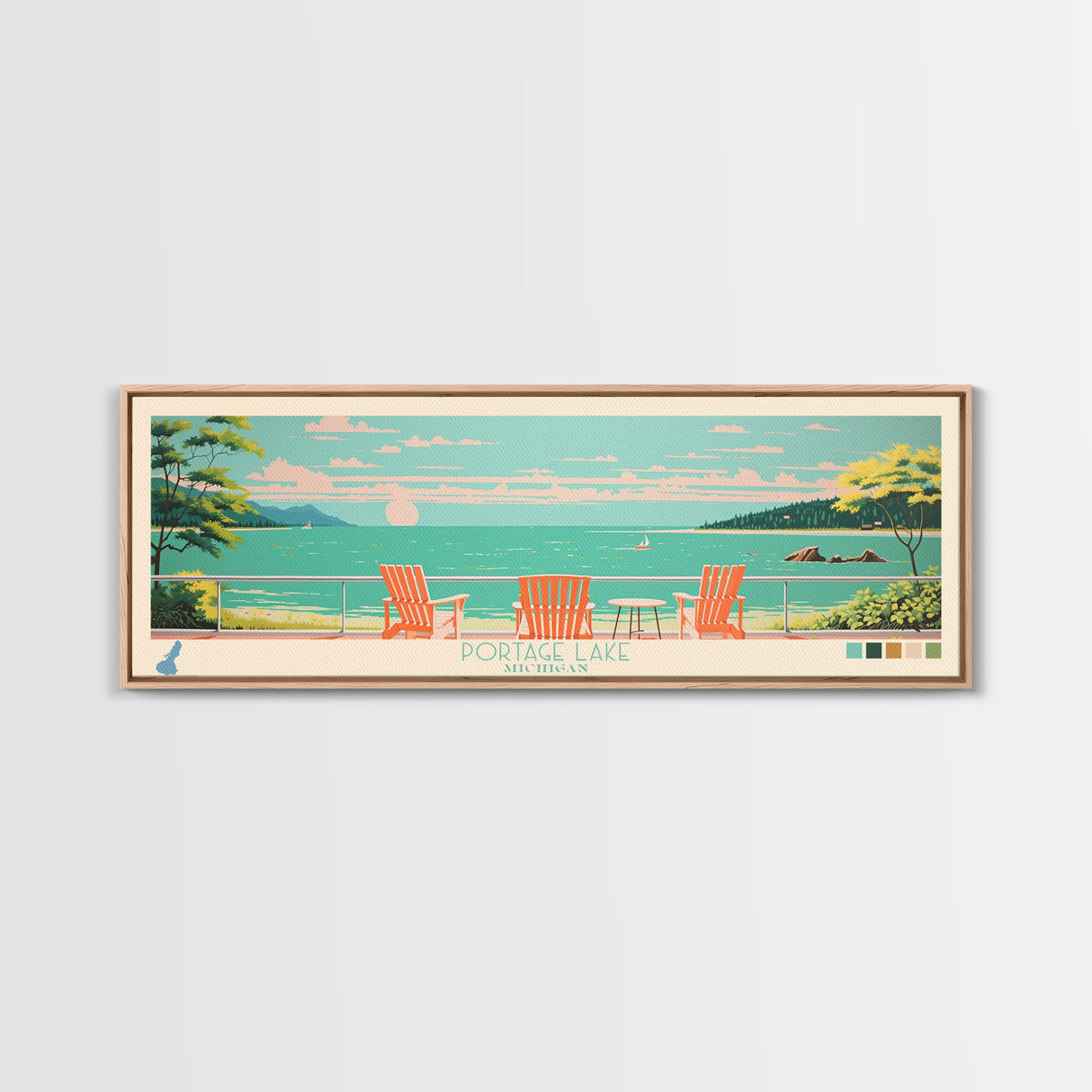 Portage Lake, Michigan Framed Canvas Print, Bedroom Art, Midcentury Modern, Pop Art, Panoramic Wall Art, Travel Poster