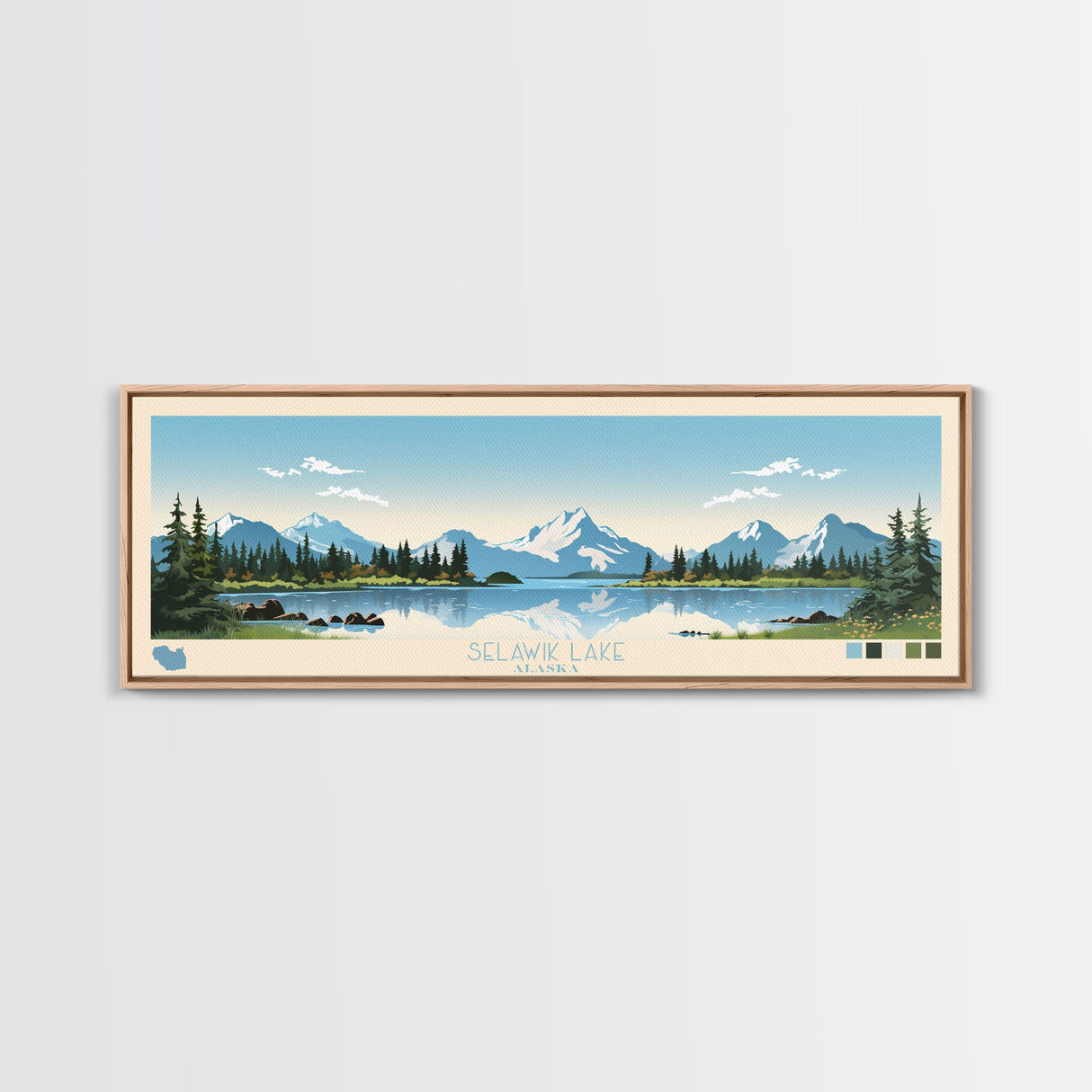 Selawik Lake, Alaska Framed Canvas Print, Panoramic Wall Art, Midcentury Modern Decor, Pop Art, Travel Poster, Home Decoration