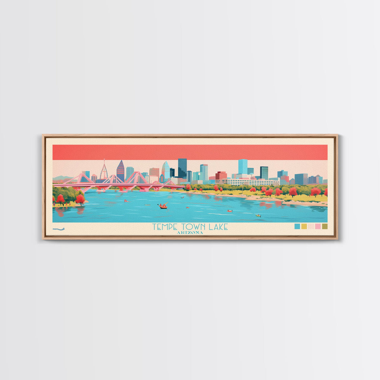 Tempe Town Lake, Arizona Framed Canvas Print, Lake House Art, Midcentury Modern Decor, Pop Art, Travel Poster, Bedroom Wall Art