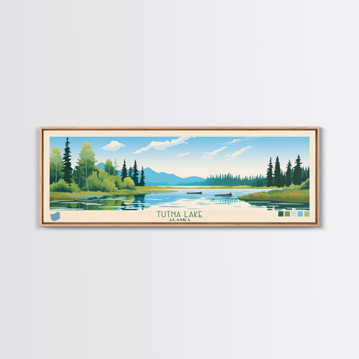 Tutna Lake, Alaska Framed Canvas Print, Lake House Art, Midcentury Modern Decor, Pop Art, Travel Poster, Bedroom Wall Art