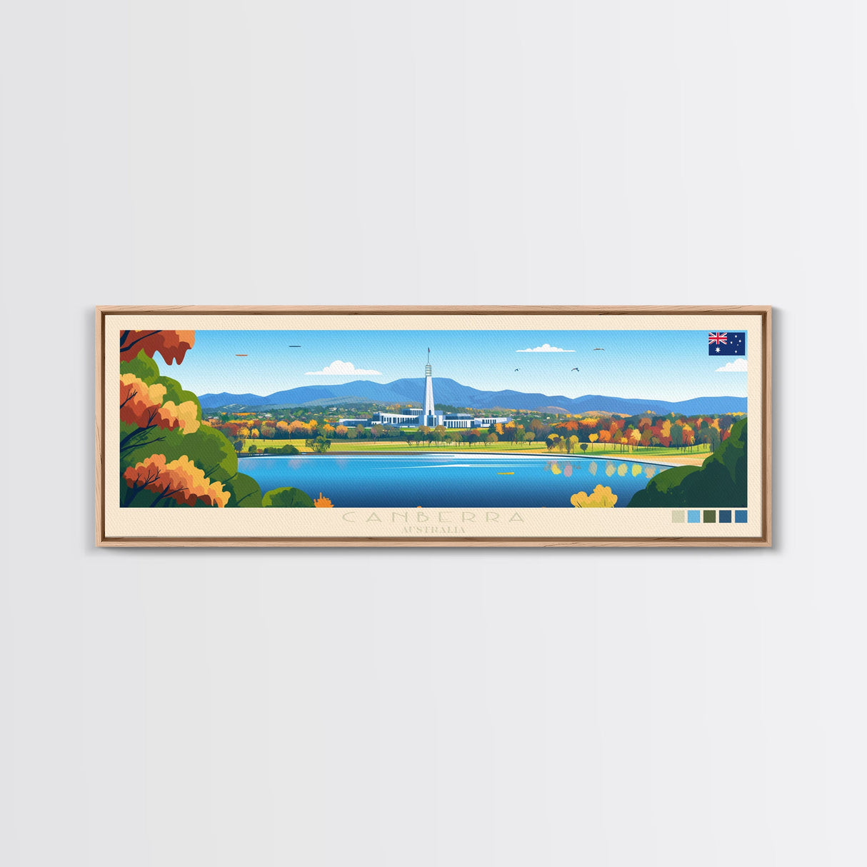 Canberra, Australia Panoramic Travel Poster Canvas Print, Canberra, Australia Painting, Australia Art, Canberra Travel Art, Guest Room Painting