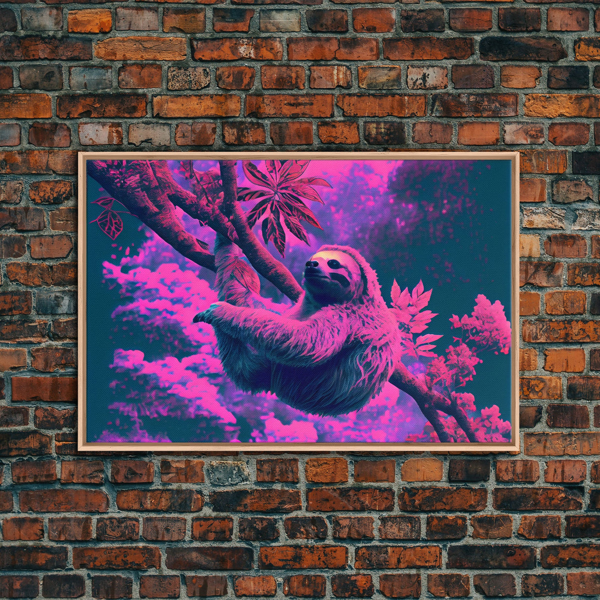 Sloth in a tree, synthwave retrowave animal print, framed canvas art