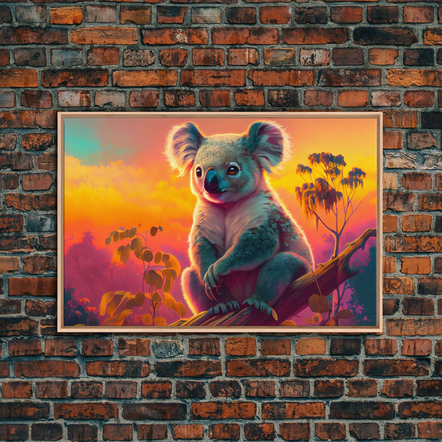 Cute Koala bear at sunset, vaporwave animal art, framed canvas print, framed wall art, ready to hang, synthwave art