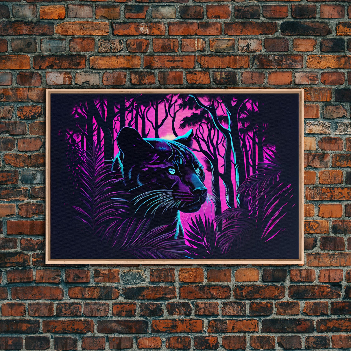 Vaporwave art, framed canvas print, Jungle Panther synthwave portrait