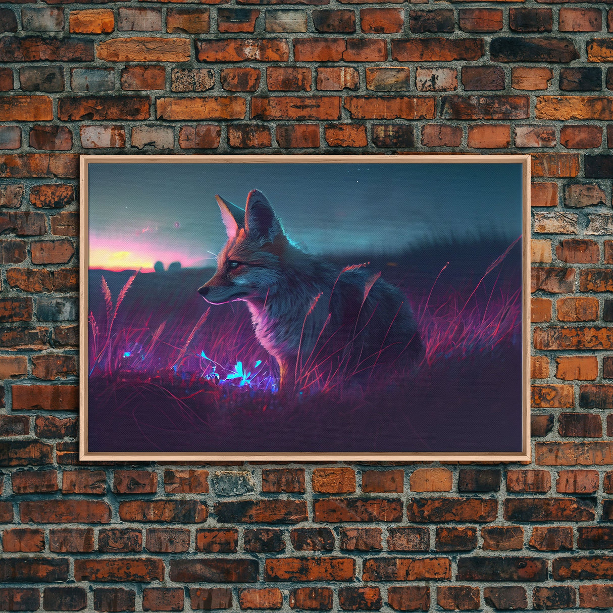 Cute animal prints, vaporwave fox hunting in the tall grass, framed canvas print