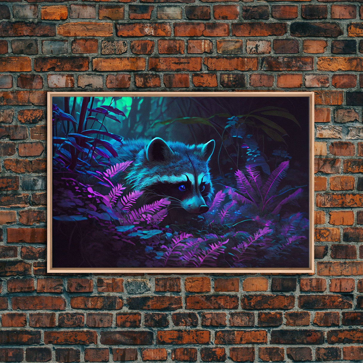 Trash panda art, Racoon in the jungle, vaporwave aesthetic animal art, framed canvas print
