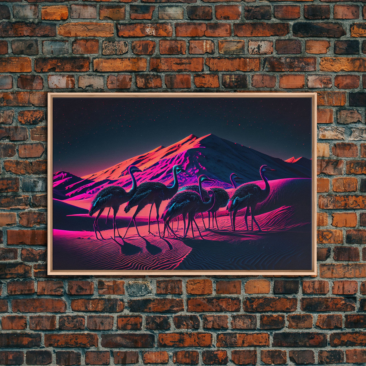 Emus in the desert, animal prints, animal art, framed canvas print, vapor wave synthwave animal art
