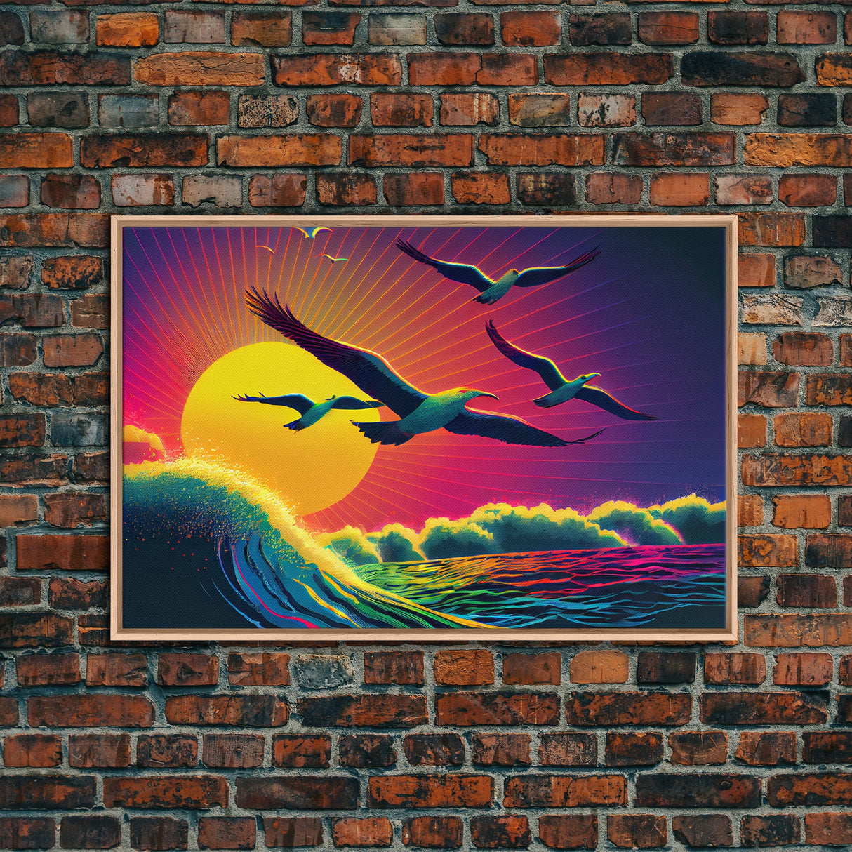 Flock of Seagulls, art deco style sun, framed canvas print, synthwave retrowave animal art