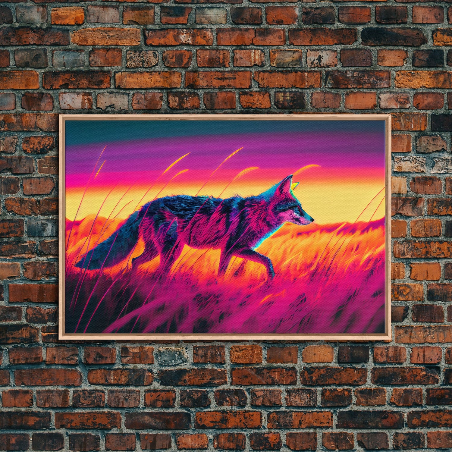Cute fox in the tall grass, animal print, vaporwave framed canvas print, retrowave animal art