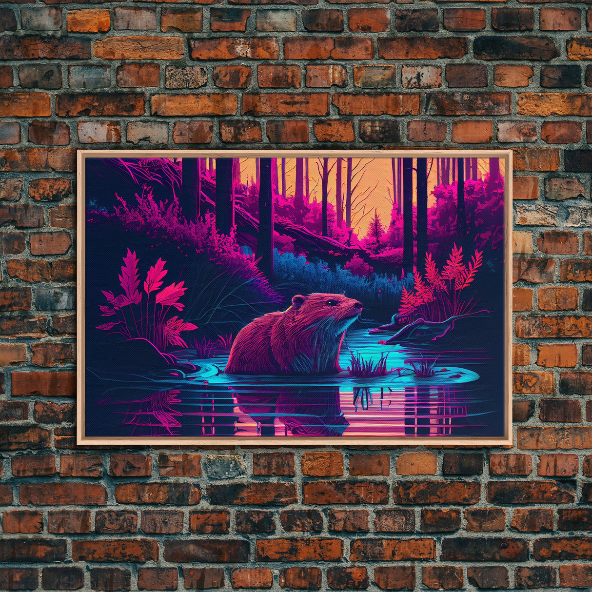Cute beaver in a river, pink vaporwave art, animal prints, framed canvas print, framed wall art