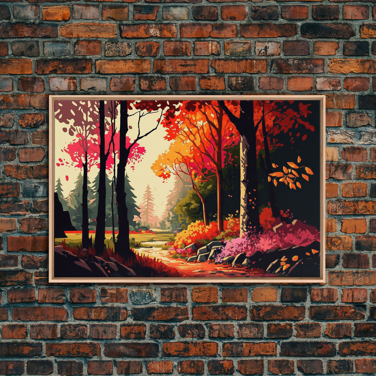 Pop Art Style Fall Forest Landscape, Framed Canvas Print, Unique living room wall art, above sofa art, Color Pop forest art